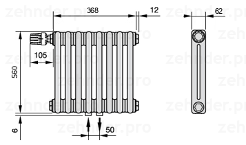 Схема (чертеж) Радиатор Zehnder Charleston 2056/8 №V007 Белый глянцевый RAL 9016